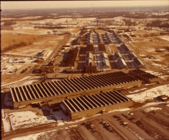 aerial photograph of the sewing buildings and storage buildings at Indiana Army ammunition plant