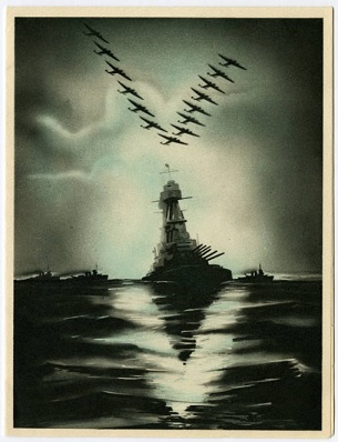 a greeting card from World War 2 that shows a naval ship on the ocean with bomber flying over in a V formation