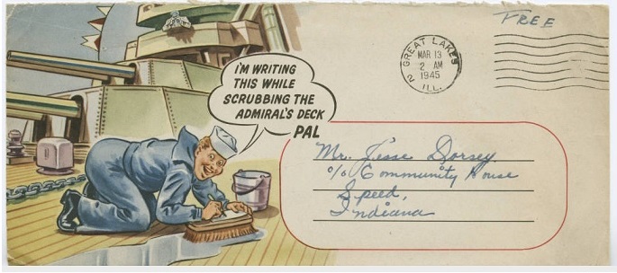 an envelope from a soldier during world war 2 depicting a sailor scrubbing the deck of a naval ship