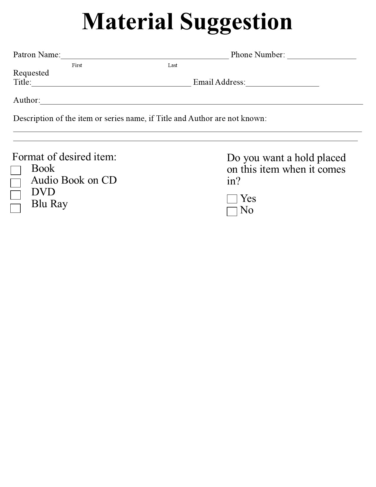 Library Purchase Suggestion Form Bland County Public Library: Material Suggestion Form